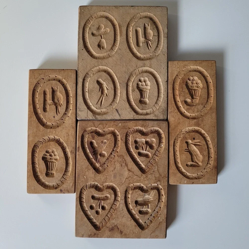Antique Wooden Springerle Cookie Molds Set of 4 Hand Carved Owl, Rabbit, Hearts
